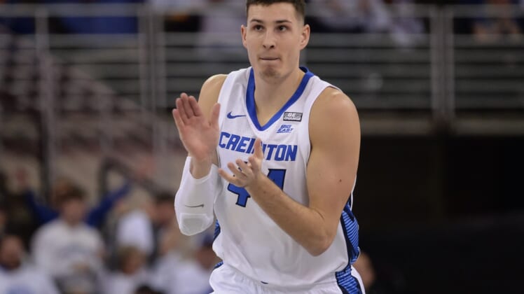 Mar 5, 2022; Omaha, Nebraska, USA;  Creighton Bluejays forward Ryan Hawkins (44) reacts after making a play against the Seton Hall Pirates in the first half at CHI Health Center Omaha. Mandatory Credit: Steven Branscombe-USA TODAY Sports