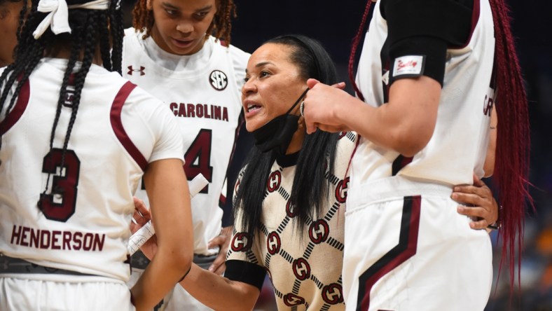 Mar 5, 2022; Nashville, TN, USA; South Carolina Gamecocks head coach Dawn Staley talks in a huddle during the first half against the Ole Miss Rebels at Bridgestone Arena. Mandatory Credit: Christopher Hanewinckel-USA TODAY Sports