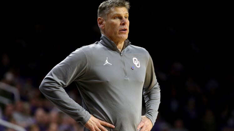 Mar 5, 2022; Manhattan, Kansas, USA; Oklahoma Sooners head coach Porter Moser looks on during the second half against the Kansas State Wildcats at Bramlage Coliseum. Mandatory Credit: Scott Sewell-USA TODAY Sports