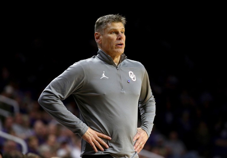 Mar 5, 2022; Manhattan, Kansas, USA; Oklahoma Sooners head coach Porter Moser looks on during the second half against the Kansas State Wildcats at Bramlage Coliseum. Mandatory Credit: Scott Sewell-USA TODAY Sports
