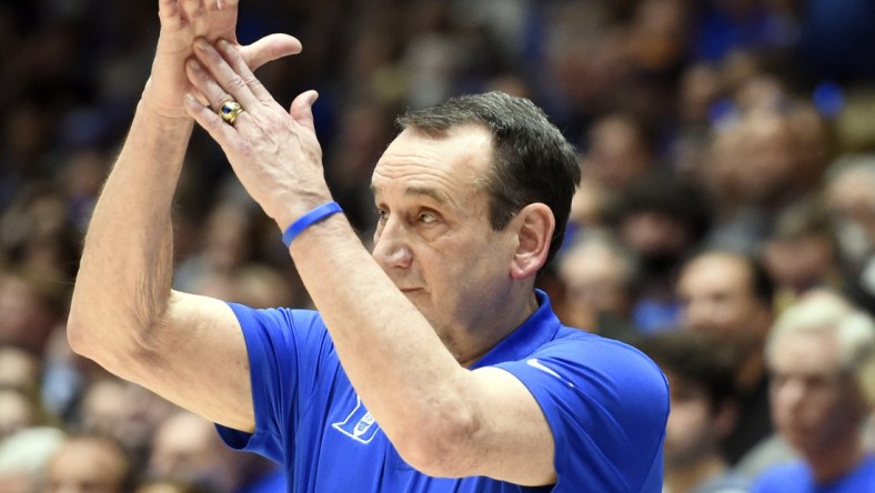 Mar 5, 2022; Durham, North Carolina, USA; Duke Blue Devils head coach Mike Krzyzewski calls timeout during the second half against the North Carolina Tar Heels at Cameron Indoor Stadium.  The Tar Heels won 94-81. Mandatory Credit: Rob Kinnan-USA TODAY Sports