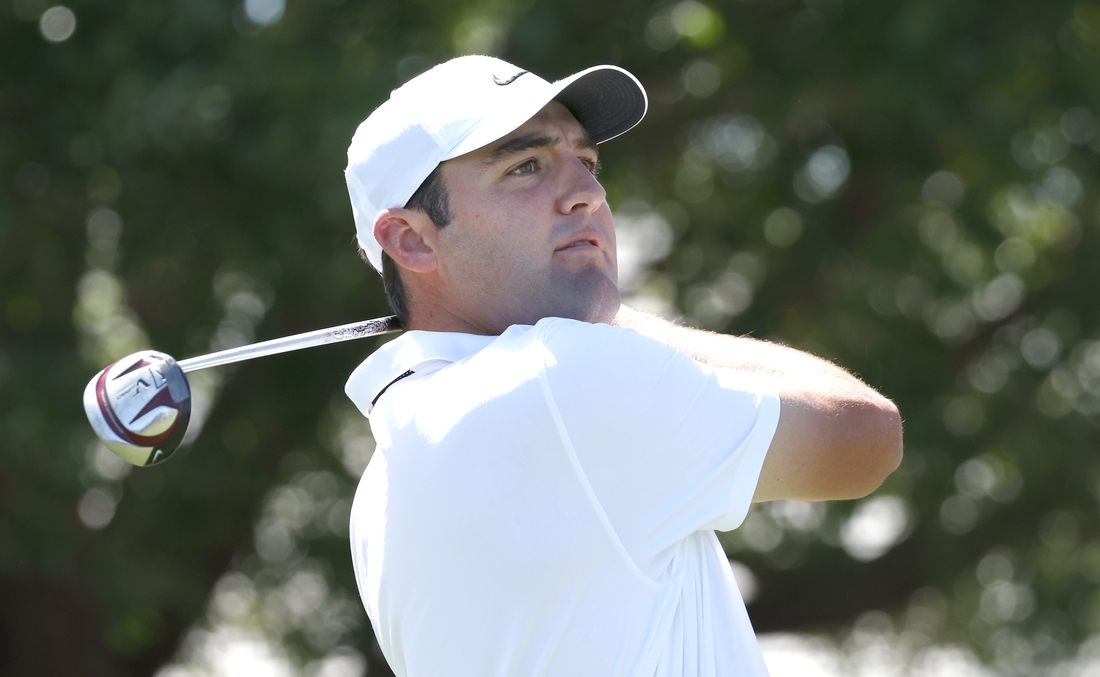 Mar 6, 2022; Orlando, Florida, USA; Scottie Scheffler hits his tee shot on the first hole during the final round of the Arnold Palmer Invitational golf tournament. Mandatory Credit: Reinhold Matay-USA TODAY Sports