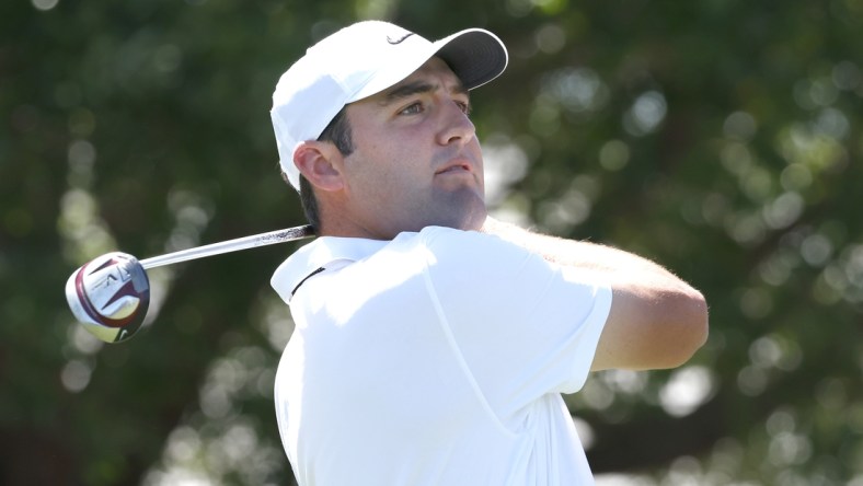 Mar 6, 2022; Orlando, Florida, USA; Scottie Scheffler hits his tee shot on the first hole during the final round of the Arnold Palmer Invitational golf tournament. Mandatory Credit: Reinhold Matay-USA TODAY Sports