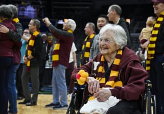 Mar 6, 2022; St. Louis, MO, USA;  Loyola Ramblers fan Sister Jean looks on as the Ramblers receive the Missouri Valley Trophy after defeating the Drake Bulldogs in the finals of the Missouri Valley Conference Tournament at Enterprise Center. Mandatory Credit: Jeff Curry-USA TODAY Sports