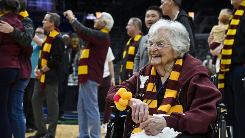 Mar 6, 2022; St. Louis, MO, USA;  Loyola Ramblers fan Sister Jean looks on as the Ramblers receive the Missouri Valley Trophy after defeating the Drake Bulldogs in the finals of the Missouri Valley Conference Tournament at Enterprise Center. Mandatory Credit: Jeff Curry-USA TODAY Sports