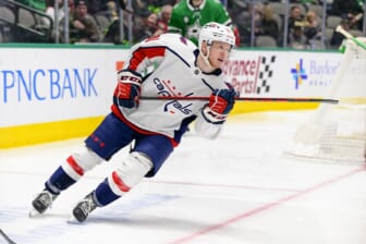 Jan 28, 2022; Dallas, Texas, USA; Washington Capitals center Joe Snively (91) in action during the game between the Washington Capitals and the Dallas Stars at the American Airlines Center. Mandatory Credit: Jerome Miron-USA TODAY Sports
