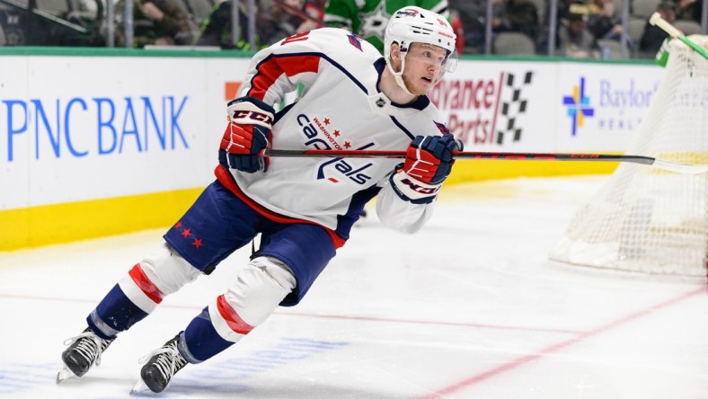 Jan 28, 2022; Dallas, Texas, USA; Washington Capitals center Joe Snively (91) in action during the game between the Washington Capitals and the Dallas Stars at the American Airlines Center. Mandatory Credit: Jerome Miron-USA TODAY Sports