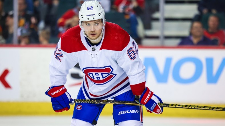 Mar 3, 2022; Calgary, Alberta, CAN; Montreal Canadiens left wing Artturi Lehkonen (62) during the third period against the Calgary Flames at Scotiabank Saddledome. Mandatory Credit: Sergei Belski-USA TODAY Sports