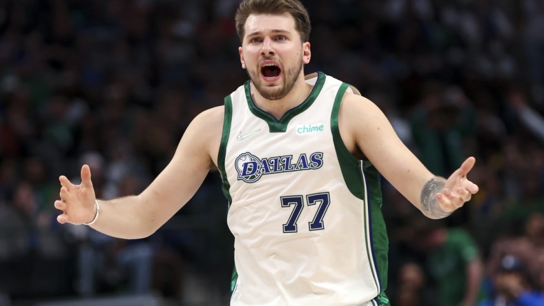 Mar 3, 2022; Dallas, Texas, USA;  Dallas Mavericks guard Luka Doncic (77) reacts during the game against the Golden State Warriors at American Airlines Center. Mandatory Credit: Kevin Jairaj-USA TODAY Sports