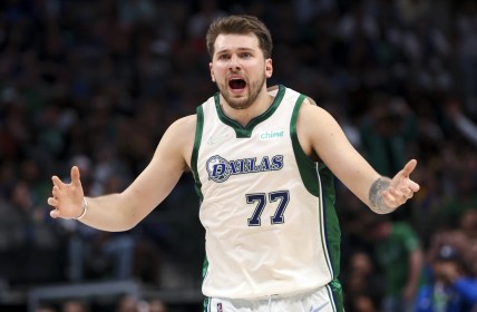 Mar 3, 2022; Dallas, Texas, USA;  Dallas Mavericks guard Luka Doncic (77) reacts during the game against the Golden State Warriors at American Airlines Center. Mandatory Credit: Kevin Jairaj-USA TODAY Sports