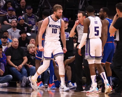 Mar 7, 2022; Sacramento, California, USA; Sacramento Kings center Domantas Sabonis (10) reacts after being called for a foul against the New York Knicks during the fourth quarter at Golden 1 Center. Mandatory Credit: Kelley L Cox-USA TODAY Sports