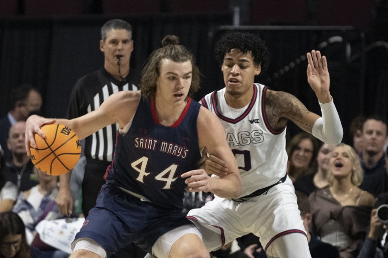 March 8, 2022; Las Vegas, NV, USA; Saint Mary's Gaels guard Alex Ducas (44) dribbles the basketball against Gonzaga Bulldogs guard Julian Strawther (0) during the first half in the finals of the WCC Basketball Championships at Orleans Arena. Mandatory Credit: Kyle Terada-USA TODAY Sports