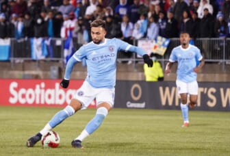 Mar 8, 2022; Hartford, Connecticut, USA; New York City FC V. Castellanos (11) kicks the ball against Comunicaciones FC in the second half of the Concacaf Champions League Quarterfinal at Rentschler Field. Mandatory Credit: David Butler II-USA TODAY Sports