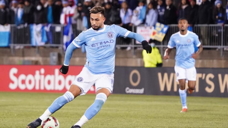Mar 8, 2022; Hartford, Connecticut, USA; New York City FC V. Castellanos (11) kicks the ball against Comunicaciones FC in the second half of the Concacaf Champions League Quarterfinal at Rentschler Field. Mandatory Credit: David Butler II-USA TODAY Sports