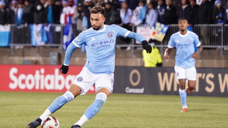 Mar 8, 2022; Hartford, Connecticut, USA; New York City FC V. Castellanos (11) kicks the ball against Comunicaciones FC in the second half of the Concacaf Champions League Quarterfinal at Rentschler Field. Mandatory Credit: David Butler II-USA TODAY Sports