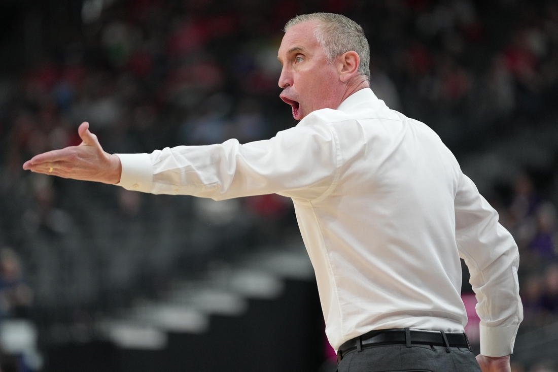 Mar 9, 2022; Las Vegas, Nevada, USA; Arizona State Sun Devils head coach Bobby Hurley gestures against the Stanford Cardinals during the first half at T-Mobile Arena. Mandatory Credit: Stephen R. Sylvanie-USA TODAY Sports