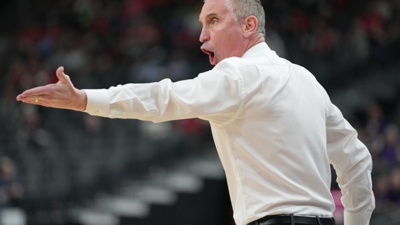 Mar 9, 2022; Las Vegas, Nevada, USA; Arizona State Sun Devils head coach Bobby Hurley gestures against the Stanford Cardinals during the first half at T-Mobile Arena. Mandatory Credit: Stephen R. Sylvanie-USA TODAY Sports