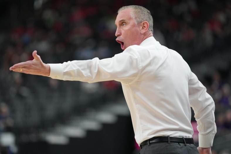 Mar 9, 2022; Las Vegas, Nevada, USA; Arizona State Sun Devils head coach Bobby Hurley gestures against the Stanford Cardinals during the first half at T-Mobile Arena. Mandatory Credit: Stephen R. Sylvanie-USA TODAY Sports