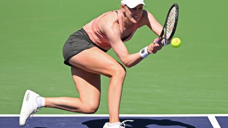 Mar 9, 2022; Indian Wells, CA, USA; Alison RIske (USA) hits a shot during her match against Catherine McNally (not pictured) at the BNP Paribas Open at Indian Wells Tennis Garden. Mandatory Credit: Jayne Kamin-Oncea-USA TODAY Sports