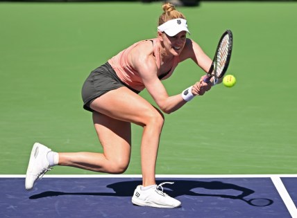Mar 9, 2022; Indian Wells, CA, USA; Alison RIske (USA) hits a shot during her match against Catherine McNally (not pictured) at the BNP Paribas Open at Indian Wells Tennis Garden. Mandatory Credit: Jayne Kamin-Oncea-USA TODAY Sports