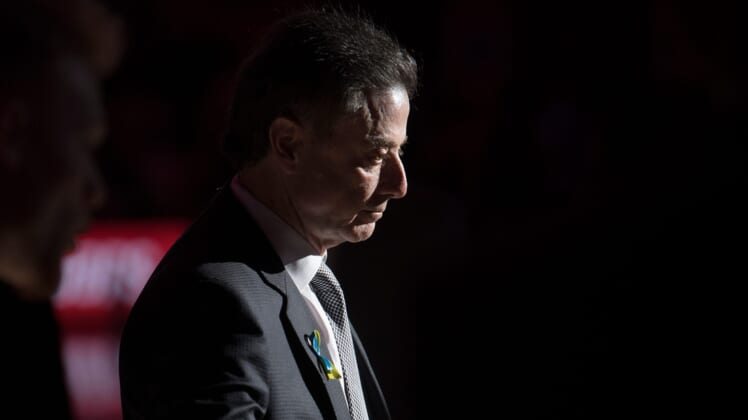 Iona's coach Rick Pitino stands by as his players are introduced prior to the quarterfinal game of the MAAC tournament between Iona and Rider played at Jim Whelan Boardwalk Hall in Atlantic City on Wednesday, March 9, 2022.  Rider defeated Iona, 71-70.Maac Tournament Iona Vs Rider 11