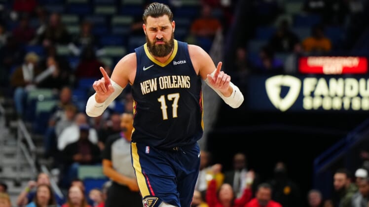 Mar 9, 2022; New Orleans, Louisiana, USA; New Orleans Pelicans center Jonas Valanciunas (17) celebrates a play against the Orlando Magic during the fourth quarter at Smoothie King Center. Mandatory Credit: Andrew Wevers-USA TODAY Sports