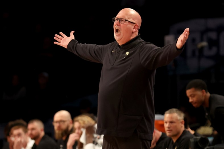 Mar 9, 2022; Brooklyn, NY, USA; Wake Forest Demon Deacons head coach Steve Forbes reacts during overtime against the Boston College Eagles at Barclays Center. Boston College defeated Wake Forest 82-77. Mandatory Credit: Brad Penner-USA TODAY Sports
