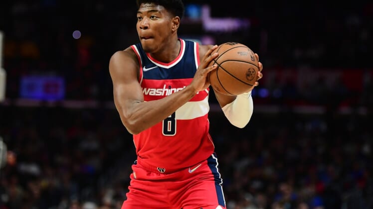 Mar 9, 2022; Los Angeles, California, USA; Washington Wizards forward Rui Hachimura (8) controls the ball against the Los Angeles Clippers during the second half at Crypto.com Arena. Mandatory Credit: Gary A. Vasquez-USA TODAY Sports