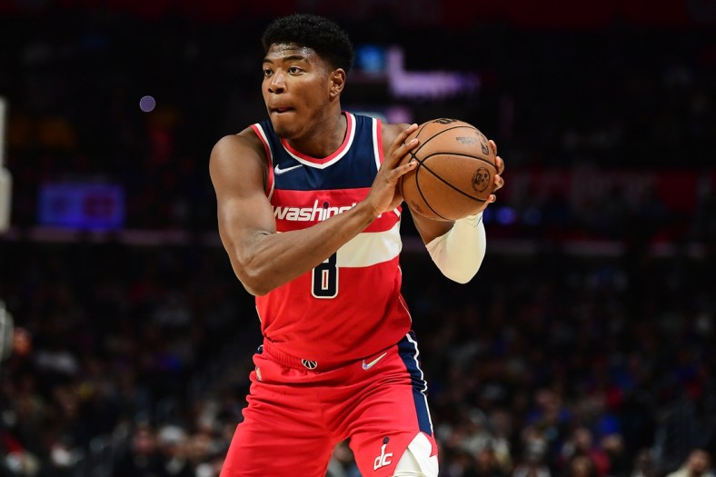 Mar 9, 2022; Los Angeles, California, USA; Washington Wizards forward Rui Hachimura (8) controls the ball against the Los Angeles Clippers during the second half at Crypto.com Arena. Mandatory Credit: Gary A. Vasquez-USA TODAY Sports