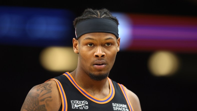 Mar 4, 2022; Phoenix, Arizona, USA; New York Knicks forward Cam Reddish (21) against the Phoenix Suns at Footprint Center. Mandatory Credit: Mark J. Rebilas-USA TODAY Sports