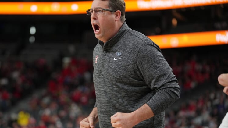 Mar 10, 2022; Las Vegas, NV, USA; Stanford Cardinal head coach Jerod Haase is pictured in a game against the Arizona Wildcats during the second half at T-Mobile Arena. Mandatory Credit: Stephen R. Sylvanie-USA TODAY Sports