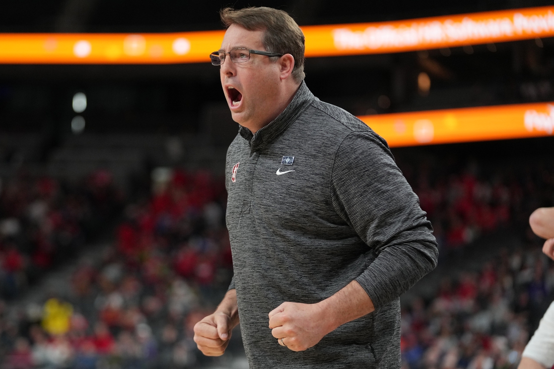 Mar 10, 2022; Las Vegas, NV, USA; Stanford Cardinal head coach Jerod Haase is pictured in a game against the Arizona Wildcats during the second half at T-Mobile Arena. Mandatory Credit: Stephen R. Sylvanie-USA TODAY Sports