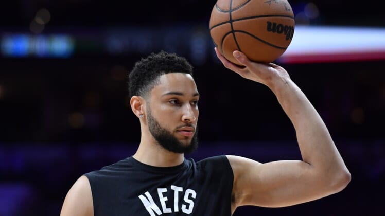 Mar 10, 2022; Philadelphia, Pennsylvania, USA; Brooklyn Nets guard Ben Simmons (10) during warmups before the game against the Philadelphia 76ers at Wells Fargo Center. Mandatory Credit: Eric Hartline-USA TODAY Sports