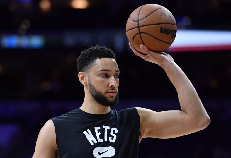 Mar 10, 2022; Philadelphia, Pennsylvania, USA; Brooklyn Nets guard Ben Simmons (10) during warmups before the game against the Philadelphia 76ers at Wells Fargo Center. Mandatory Credit: Eric Hartline-USA TODAY Sports