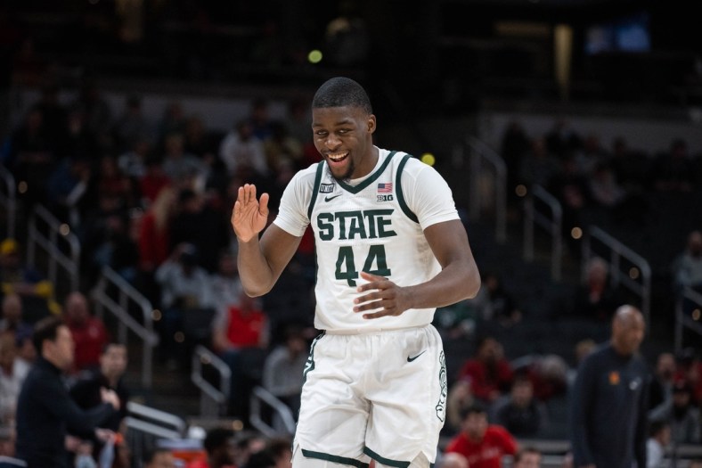 Mar 10, 2022; Indianapolis, IN, USA; Michigan State Spartans forward Gabe Brown (44) reacts to a made basket in the first half against the Maryland Terrapins at Gainbridge Fieldhouse. Mandatory Credit: Trevor Ruszkowski-USA TODAY Sports