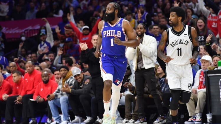 Mar 10, 2022; Philadelphia, Pennsylvania, USA; Philadelphia 76ers guard James Harden (1) reacts after making a three point basket during the first quarter against the Brooklyn Nets at Wells Fargo Center. Mandatory Credit: Eric Hartline-USA TODAY Sports