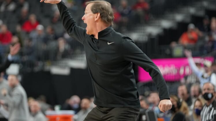 Mar 10, 2022; Las Vegas, NV, USA; Oregon Ducks head coach Dana Altman protests a call in a game against the Colorado Buffaloes during the second half at T-Mobile Arena. Mandatory Credit: Stephen R. Sylvanie-USA TODAY Sports
