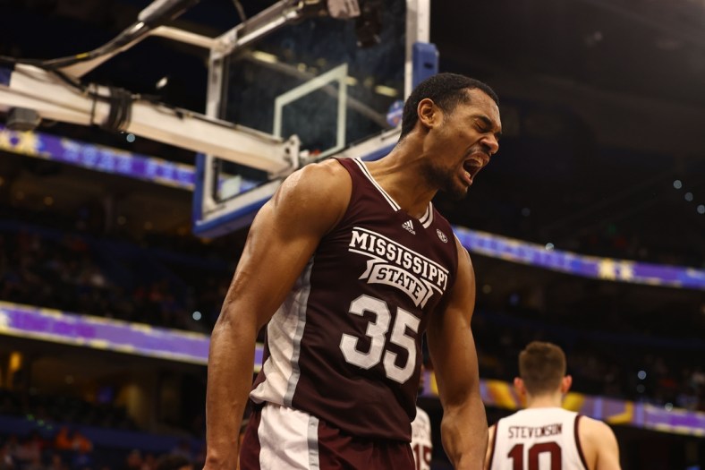 Mar 10, 2022; Tampa, FL, USA;Mississippi State Bulldogs forward Tolu Smith (35) celebrates against the South Carolina Gamecocks  during the second half at Amalie Arena. Mandatory Credit: Kim Klement-USA TODAY Sports