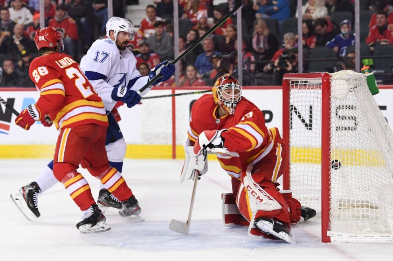 Mar 10, 2022; Calgary, Alberta, CAN; Calgary Flames goalie Jacob Markstrom (25) is scored on by Tampa Bay Lightning forward Alex Killorn (17) during the second period at Scotiabank Saddledome. Mandatory Credit: Candice Ward-USA TODAY Sports