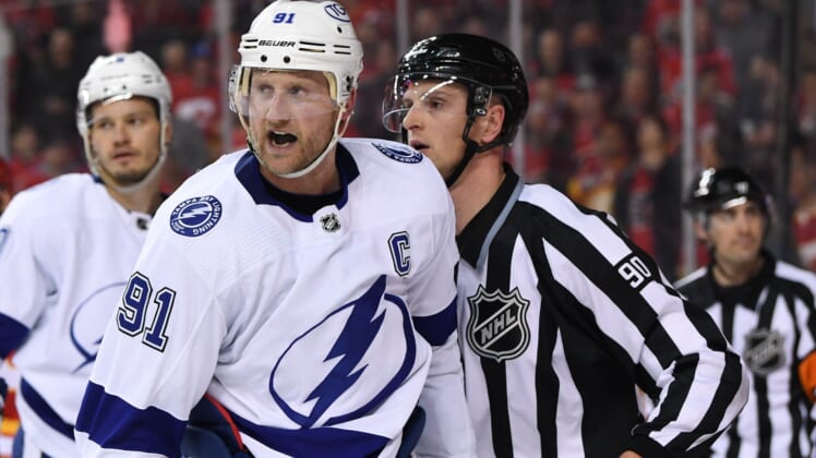 Mar 10, 2022; Calgary, Alberta, CAN; Tampa Bay Lightning forward Steven Stamkos (91) reacts after being given a penalty in the third period against the Calgary Flames at Scotiabank Saddledome. Flames won 4-1. Mandatory Credit: Candice Ward-USA TODAY Sports