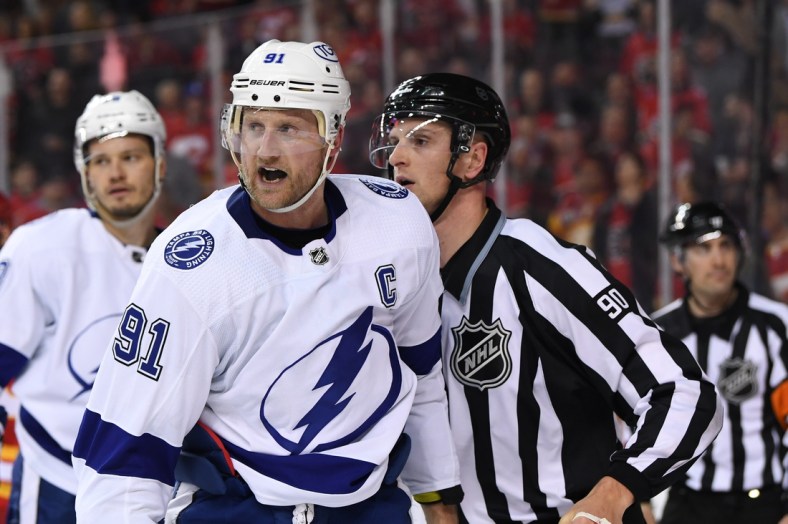 Mar 10, 2022; Calgary, Alberta, CAN; Tampa Bay Lightning forward Steven Stamkos (91) reacts after being given a penalty in the third period against the Calgary Flames at Scotiabank Saddledome. Flames won 4-1. Mandatory Credit: Candice Ward-USA TODAY Sports