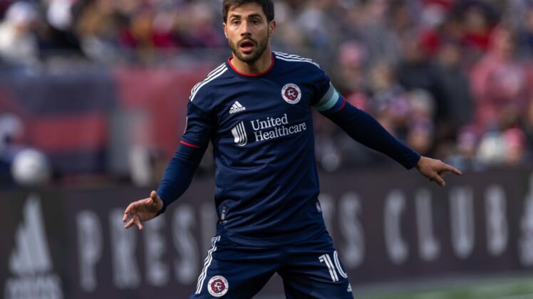 Mar 5, 2022; Foxborough, Massachusetts, USA; New England Revolution midfielder Carles Gil (10) during a game between the New England Revolution and FC Dallas at Gillette Stadium. Mandatory Credit: Paul Rutherford-USA TODAY Sports