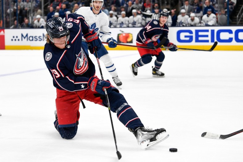 Mar 7, 2022; Columbus, Ohio, USA; Columbus Blue Jackets left wing Patrik Laine (29) in the third period against the Toronto Maple Leafs at Nationwide Arena. Mandatory Credit: Gaelen Morse-USA TODAY Sports