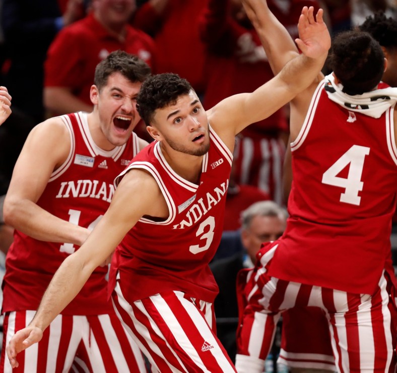 The Indiana Hoosiers bench celebrates during the men   s Big Ten tournament game against the Illinois Fighting Illini, Friday, March 11, 2022, at Gainbridge Fieldhouse in Indianapolis. The Hoosiers won 65-63.

Iuillinoisbigtentourny 031122 Am0886