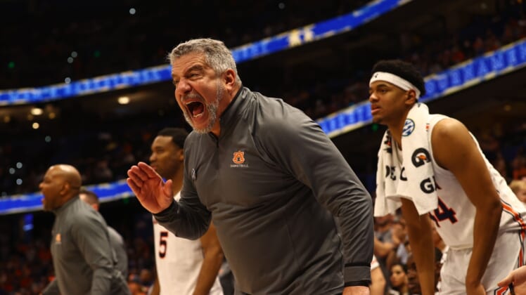Mar 11, 2022; Tampa, FL, USA; Auburn Tigers head coach Bruce Pearl  reacts against the Texas A&M Aggies during the second half at Amalie Arena. Mandatory Credit: Kim Klement-USA TODAY Sports