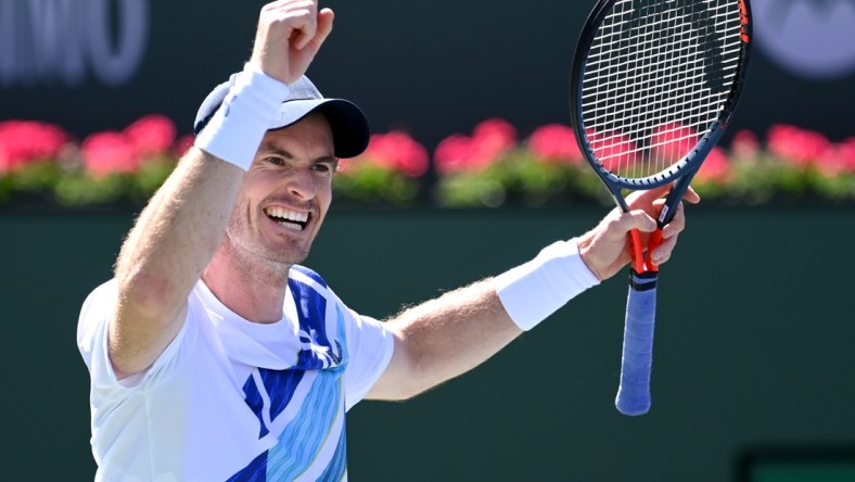 Mar 11, 2022; Indian Wells, CA, USA;  Andy Murray (GBR) celebrates after defeating Taro Daniel (JPN) for his 700th career match win at the BNP Paribas Open at the Indian Wells Tennis Garden. Mandatory Credit: Jayne Kamin-Oncea-USA TODAY Sports