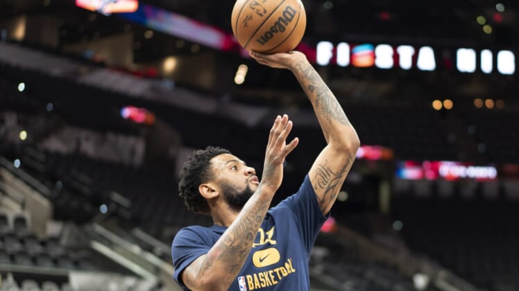 Mar 11, 2022; San Antonio, Texas, USA; Utah Jazz guard Nickeil Alexander-Walker shoots before the game against the San Antonio Spurs at AT&T Center. Mandatory Credit: Scott Wachter-USA TODAY Sports