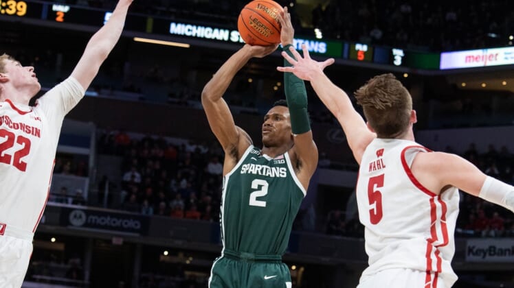 Mar 11, 2022; Indianapolis, IN, USA; Michigan State Spartans guard Tyson Walker (2) shoots the ball in the second half against the Wisconsin Badgers at Gainbridge Fieldhouse. Mandatory Credit: Trevor Ruszkowski-USA TODAY Sports