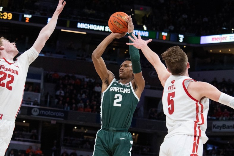 Mar 11, 2022; Indianapolis, IN, USA; Michigan State Spartans guard Tyson Walker (2) shoots the ball in the second half against the Wisconsin Badgers at Gainbridge Fieldhouse. Mandatory Credit: Trevor Ruszkowski-USA TODAY Sports