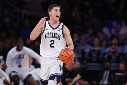 Mar 11, 2022; New York, NY, USA; Villanova Wildcats guard Collin Gillespie (2) dribbles up court during the first half against the Connecticut Huskies at Madison Square Garden. Mandatory Credit: Vincent Carchietta-USA TODAY Sports